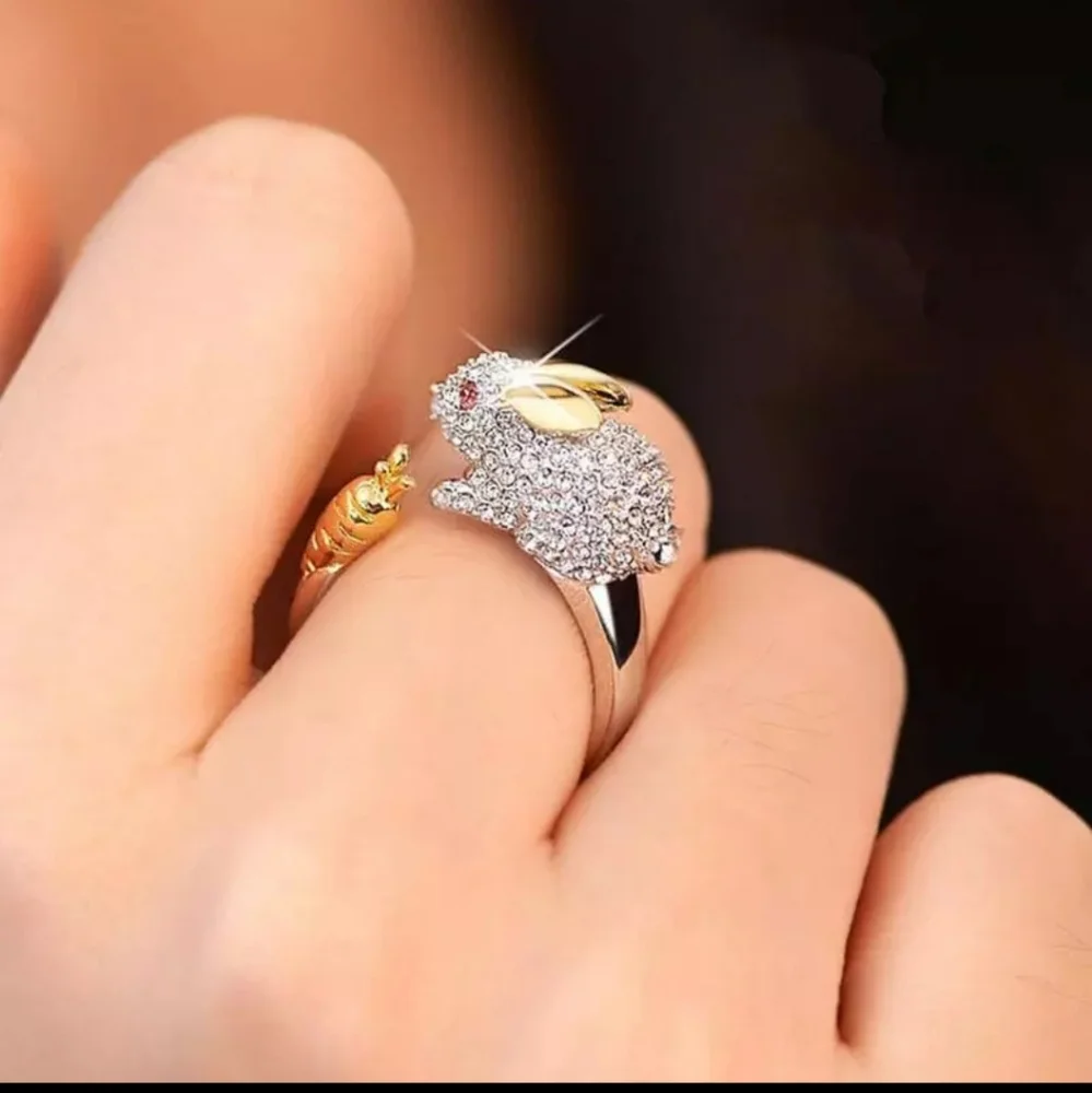 Rabbit bunny crystal ring adjustable sz 7 8 9 new Easter spring carrot 925 - Picture 3 of 12